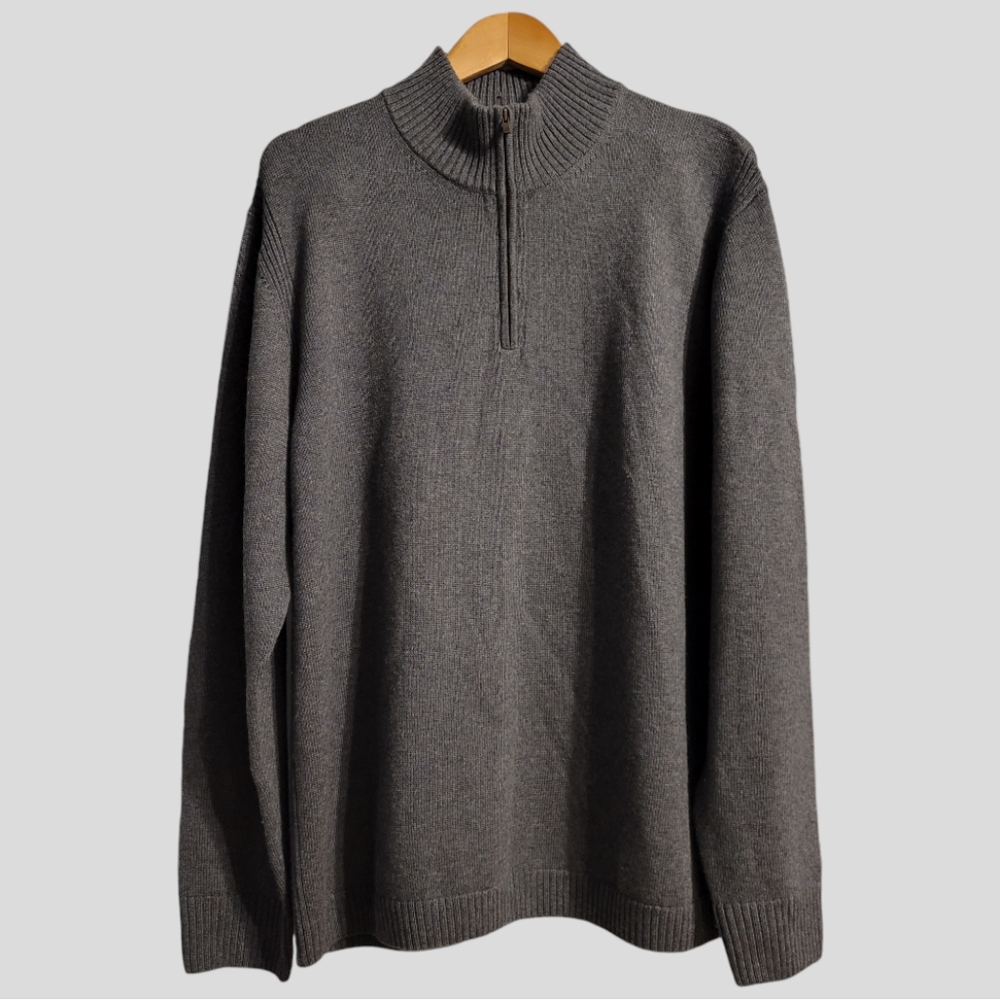Faconnable Sweater Men's XLarge Gray Pure Wool Long Sleeve Mock Neck Quarter-Zip